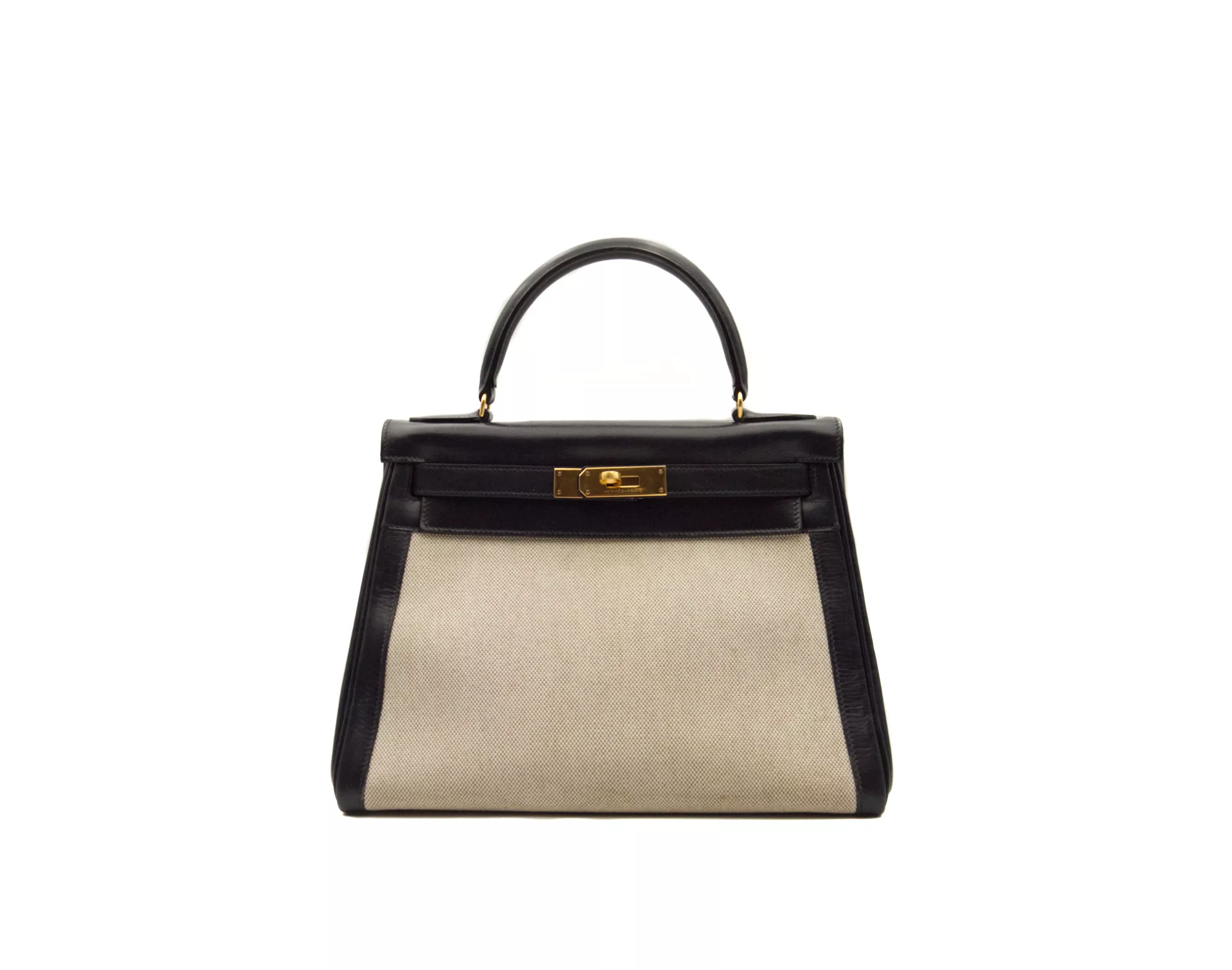 Hermès Kelly 28 Vintage Navy Box Leder & Beige Canvas – Ansicht 1
