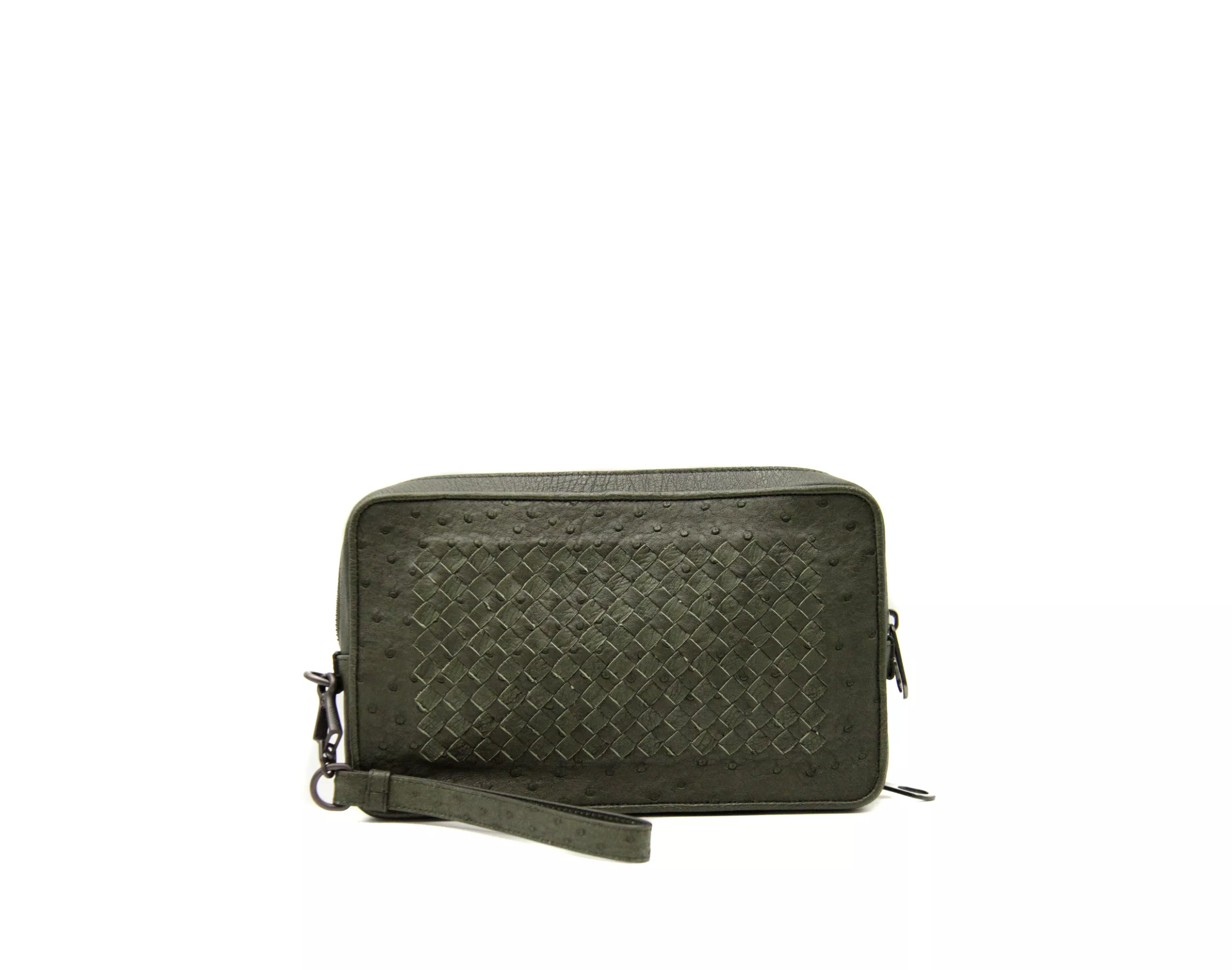Bottega Veneta Zip-Pochette aus olivgrünem Straußenleder – Ansicht 1