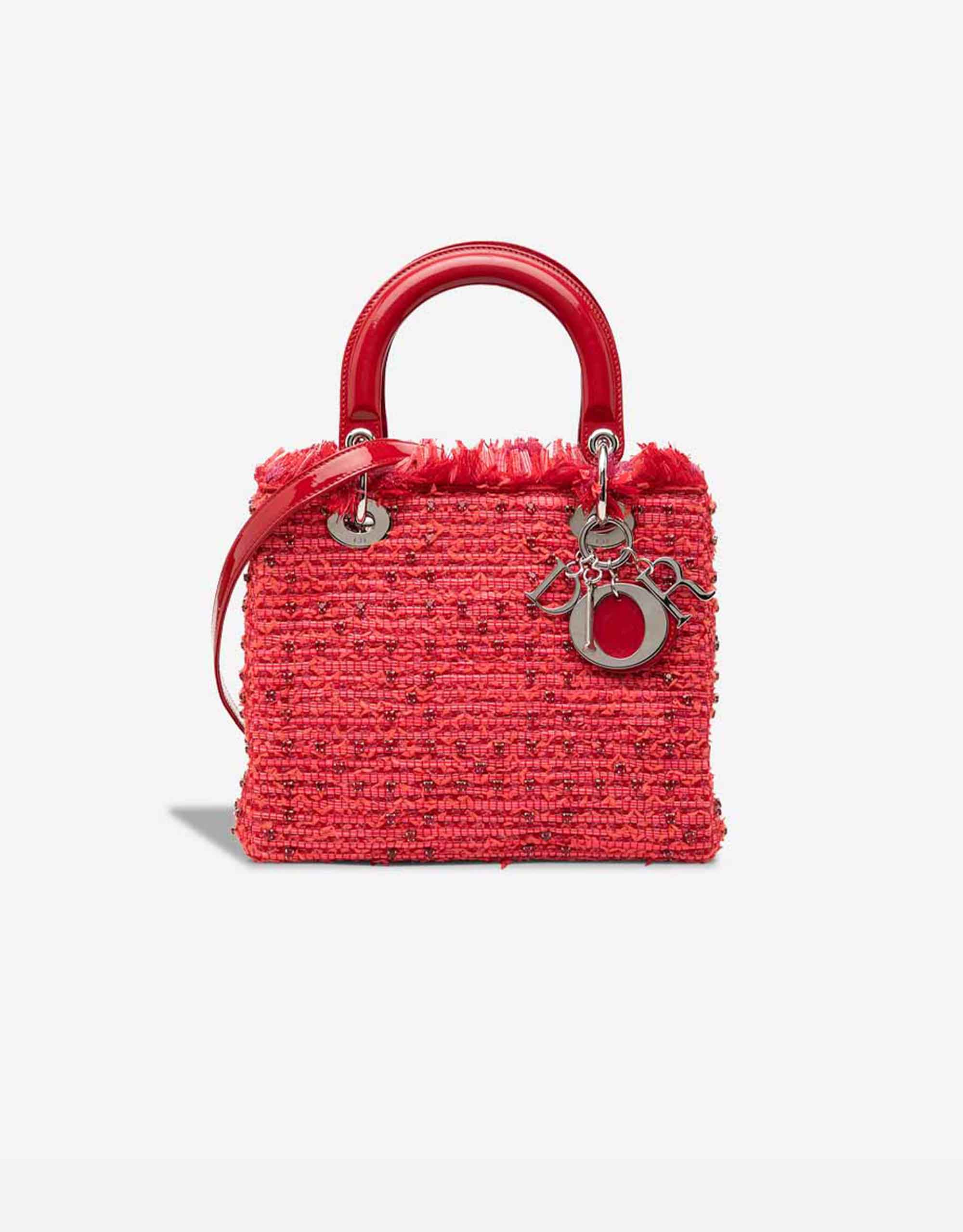 Dior Lady mittelgroße Tasche Tweed / Lackleder / Strasssteine Rot – Ansicht 1