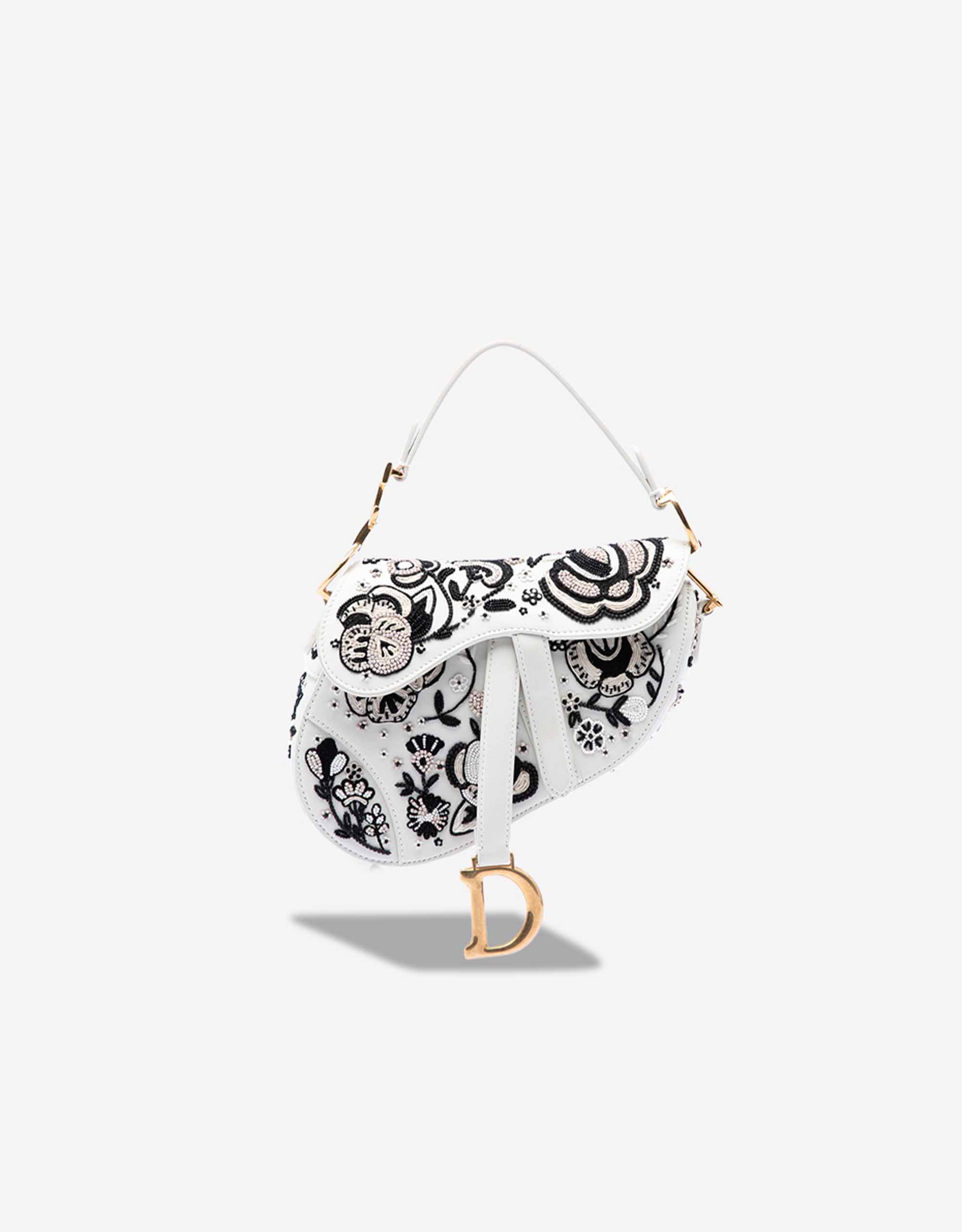 Dior Saddle Mini Stickerei / Kalbsleder Weiß / Schwarz – Ansicht 1